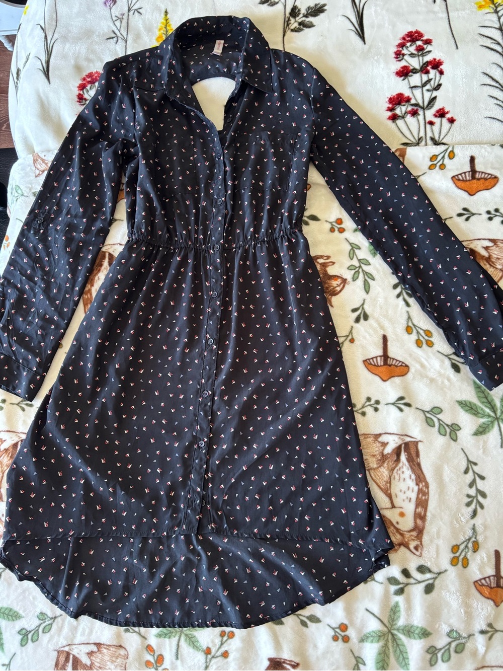 Xhilaration Black Long-Sleeve Shirt Dress with Pink Accent Print